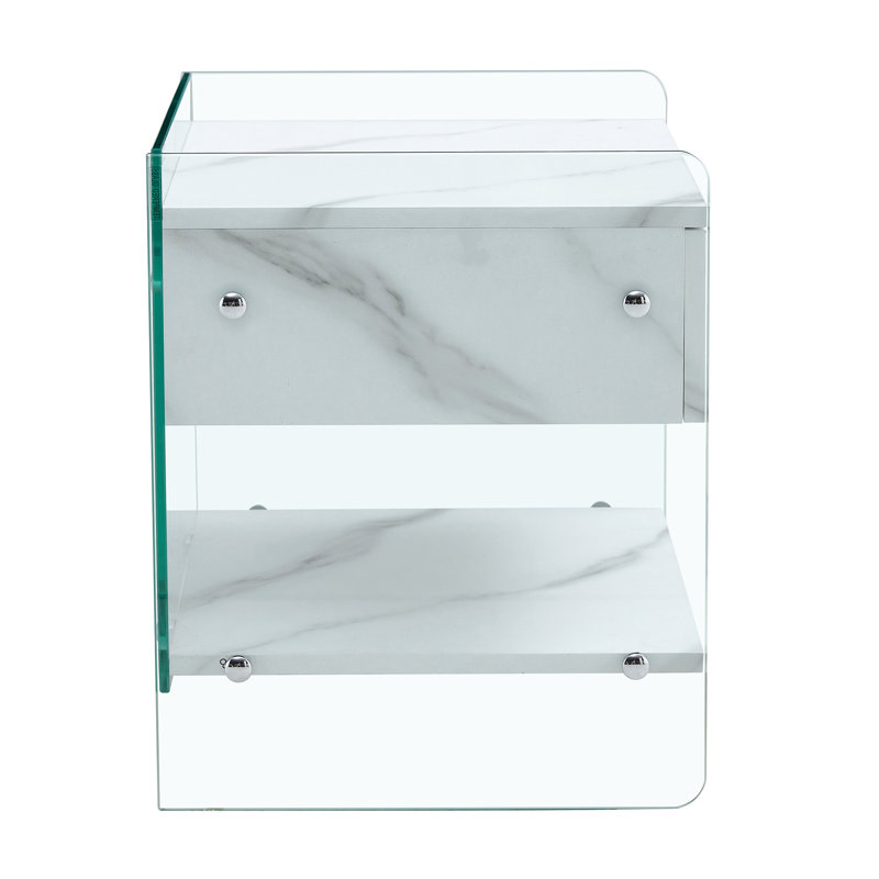 Table de chevet avec tiroirs. La surface de la planche est en panneau de fibres à densité moyenne avec un autocollant à grain blanc (comprend seulement la table de chevet)