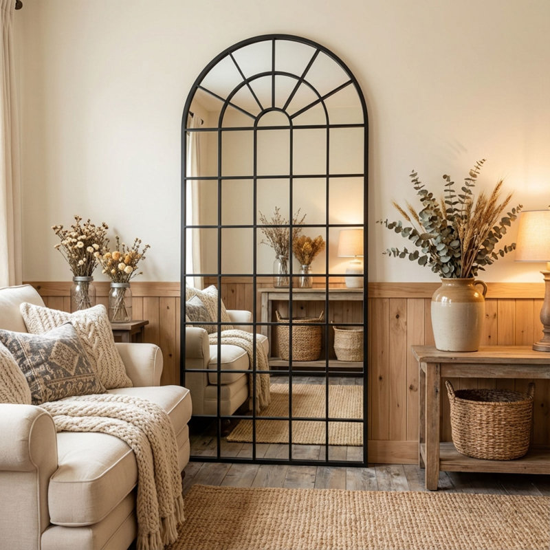 70x30Inch Large Arched Window Pane Mirror| Black Arched Mirrors for Wall & Floor | Arch Mirror Full Length for Entryway Living Room & Bedroom | Oversized Mirrors | Wall Art Decorative |Farmhouse Décor