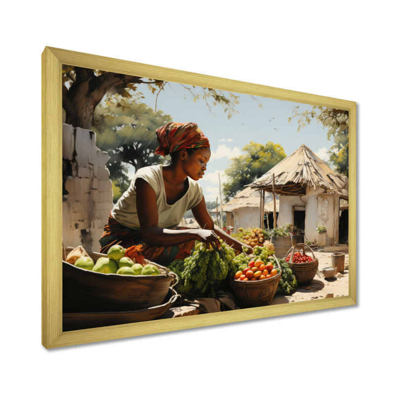African Vibrant Market III On Canvas Print, 24" H x 32" W x 1" D, Gold Single Picture Framed