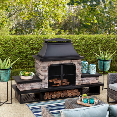 Sunjoy Quillen Outdoor Fireplace, Patio Wood Burning Fireplace with Steel Chimney, Mesh Spark Screen Doors and Fire Poker