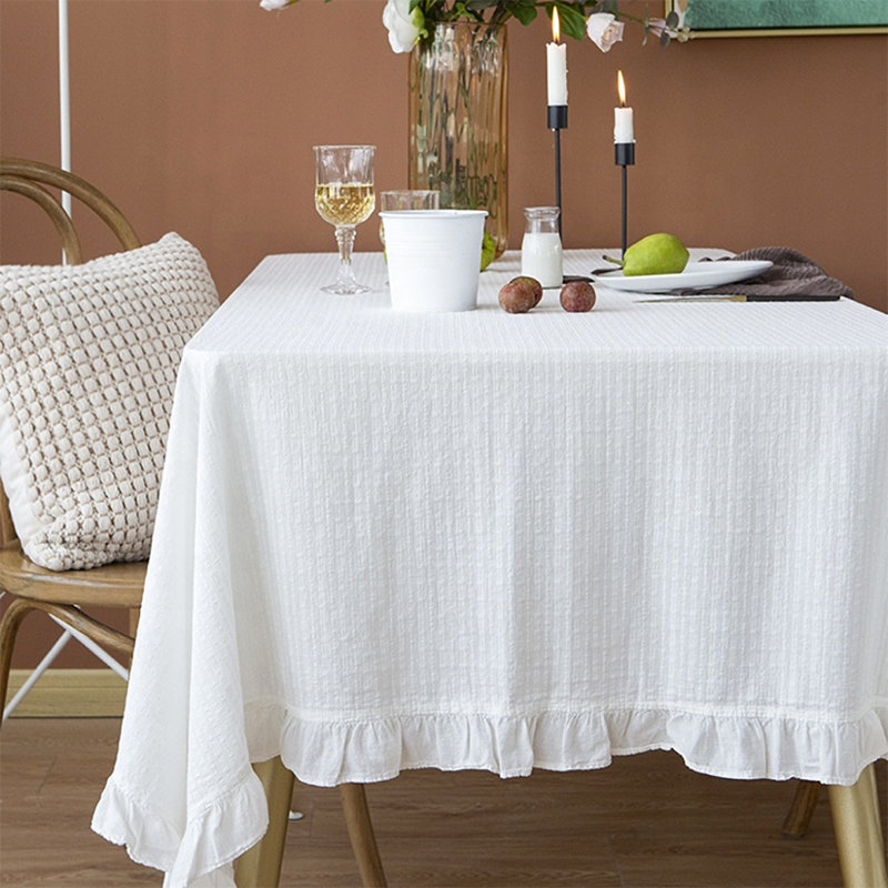 French Ruffled Border Cotton Woven Tablecloth, White, 70" x 55"