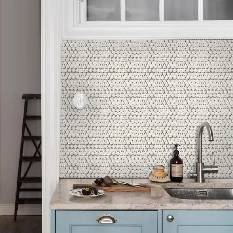Porcetile Round 12.41 in. x 11.46 in. Penny Glossy Porcelain Mosaic Wall and Floor Tile, White