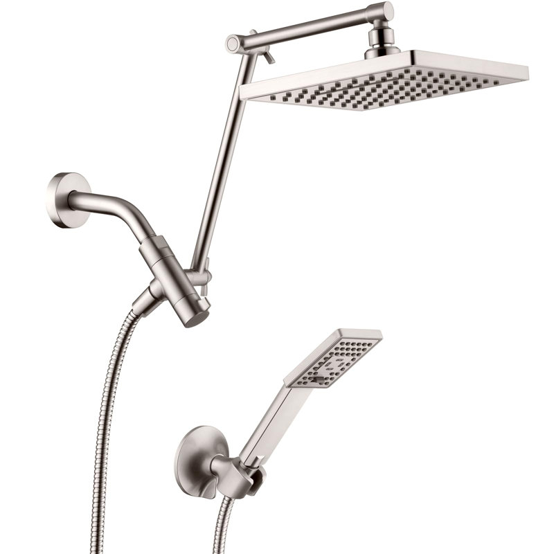 High-Pressure Dual Shower Head System With Extendable Arms - 8" Adjustable Square Rainfall & Handheld Shower Combo