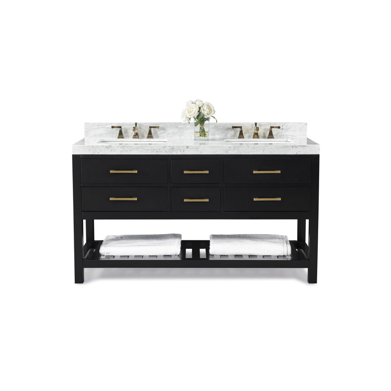 Elizabeth 60'' W Double Vanity, Black Onyx/Brushed Gold, Carrara White Marble