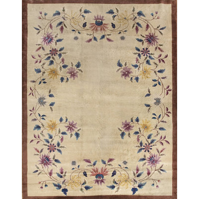 Antique Floral Wool Pile Hand Knotted Wool Pile Ivory Cream Color Chinese Rug