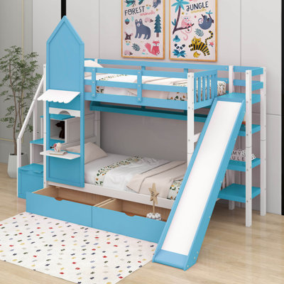Twin Over Twin Bunk Bed With Drawers，Shelves And Slide