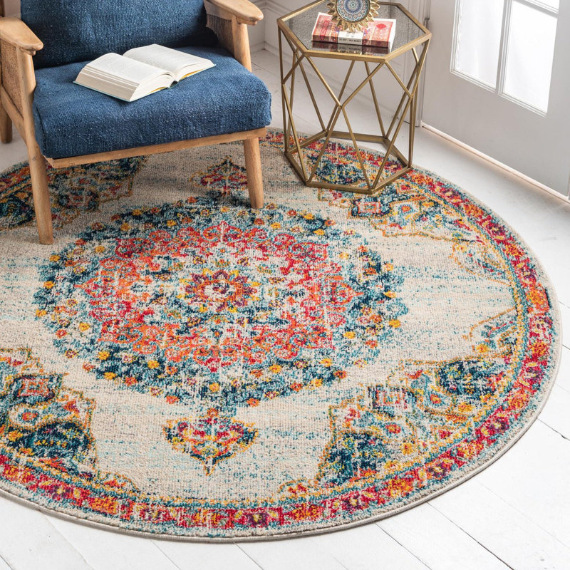 Galyean Abstract Ivory/Orange Rug, Round 7'1"