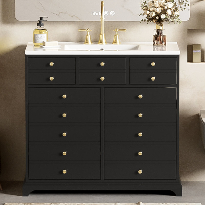 Ensemble de meuble-lavabo 36 po avec lavabo en céramique, armoire de rangement en bois massif, ensemble de meuble-lavabo autoportant avec 2 tiroirs et portes à fermeture douce, meuble-lavabo