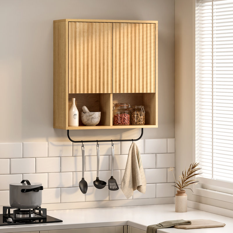 Modern Fluted Bathroom Cabinet, Wall-Mounted Storage With Adjustable Shelf, Floating Design For Laundry & Kitchen, Oak