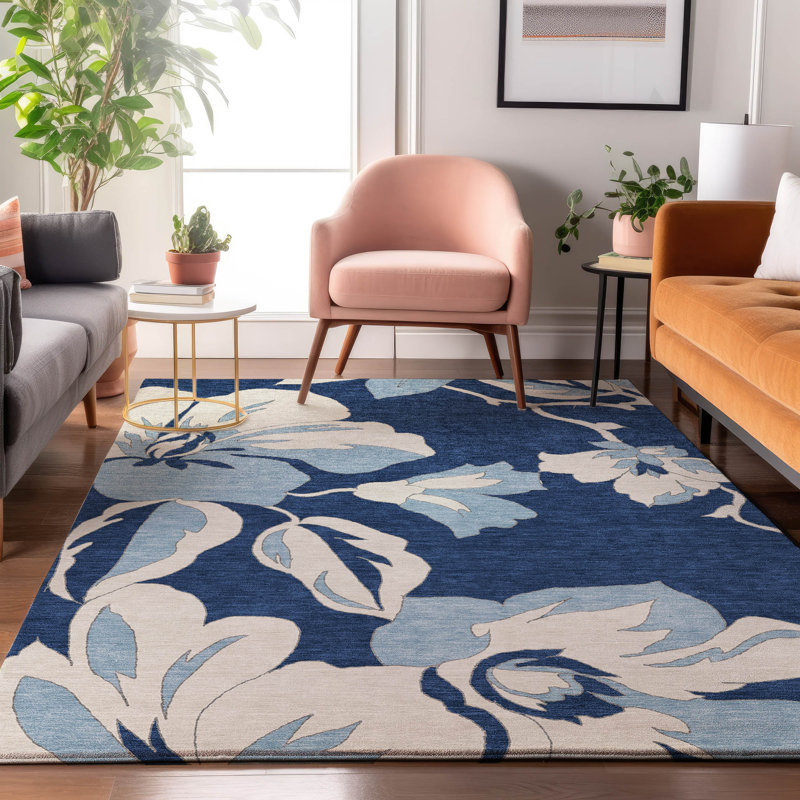 Tapis bleu marine de qualité supérieure lavable à la machine Prisco, Rectangle 9 pi x 12 pi