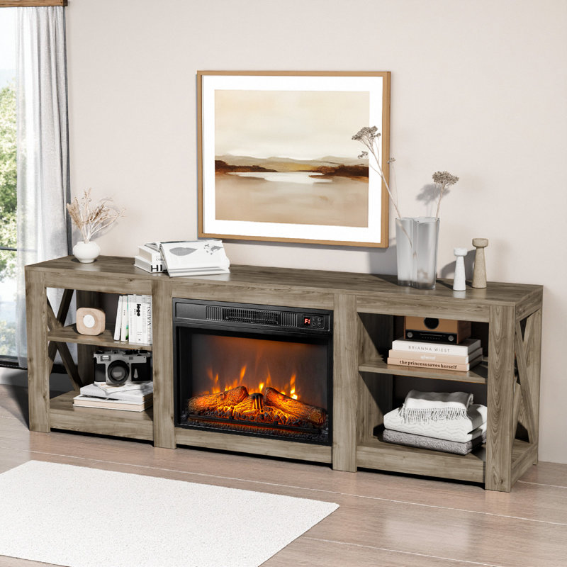 Farmhouse 70'' TV Stand For Tvs Up To 70'' With 23'' Electric Fireplace And Adjustable Shelves, Gray