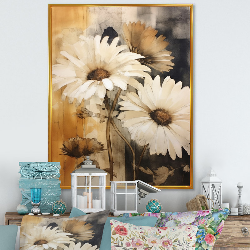 «Vintage Brown Daisies Flower II», reproduction sur toile, Cadre flottant doré, H 44 po x l 34 po x P 1,5 po