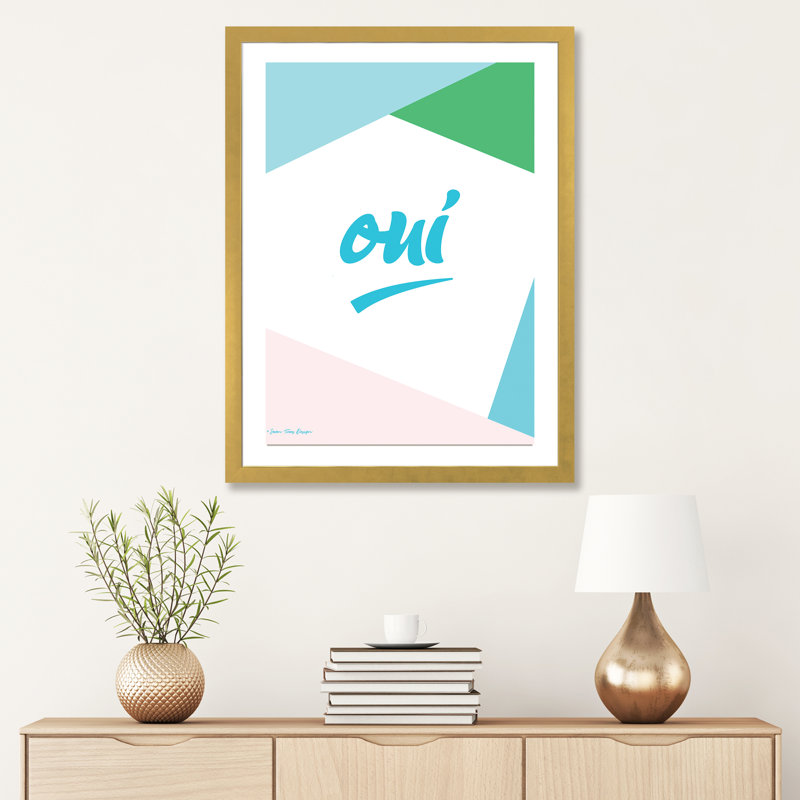 Oui I - reproduction d'art textuel, H 32 po x l 24 po x P 1 po, Papier encadré doré, Blanc