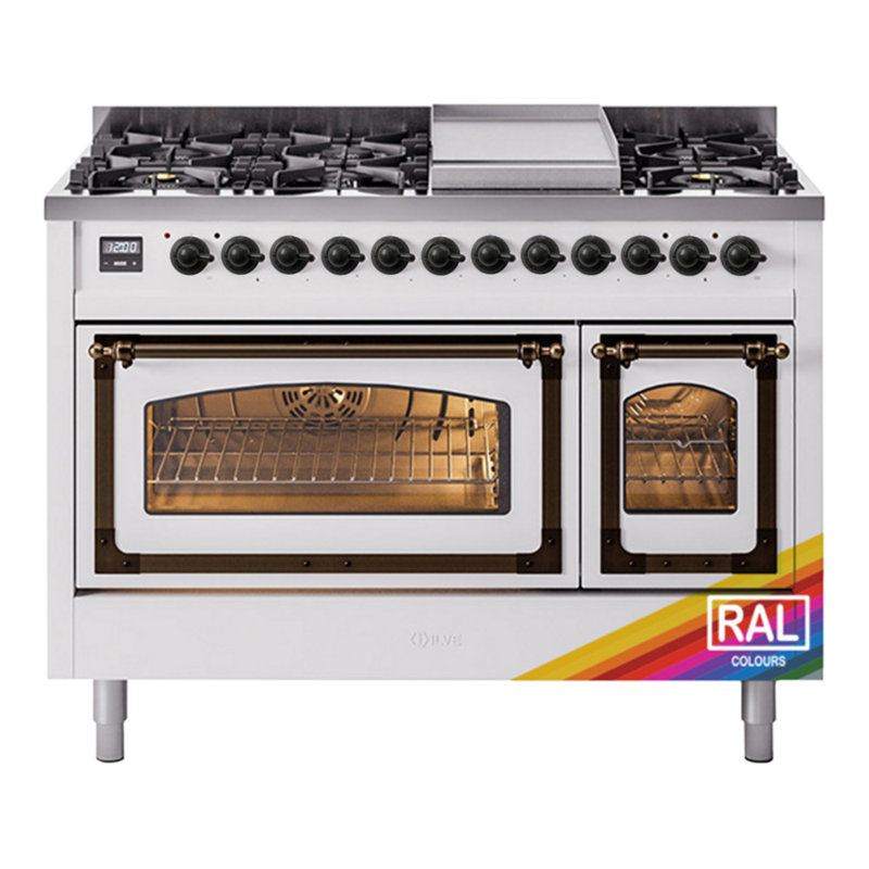 ILVE Nostalgie II Noblesse 48 inch Dual Fuel Range (8 Sealed Burners + Griddle, Triple Glass Door, RAL), Burnished