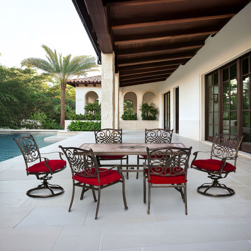 Monaco Bronze 6-Person Outdoor Dining Set with Red Cushions and Porcelain Tile Table