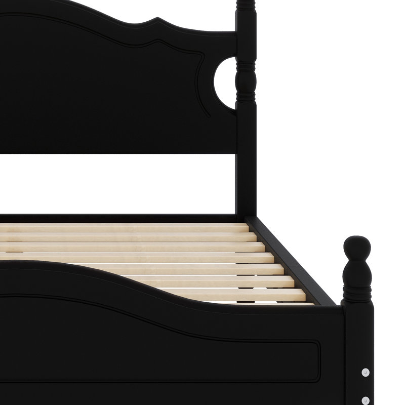 Structure de lit plateforme en bois, lit plateforme de style rétro avec support en lattes de bois, Noir