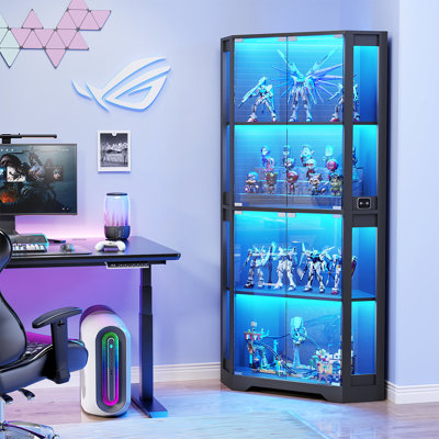 Corner Display Cabinet With Glass Doors, 65" Lighted Curio Display Case With 3 Colour Lights For Collectibles, 4-tier Bookcase With Human Body Sensor For Living Room