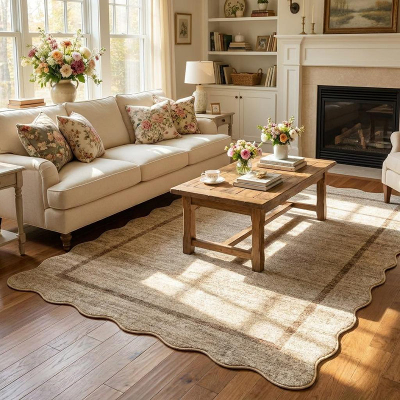 Scalloped Area Rugs Non-Slip Bordered Floor Mats, Non-Shedding Soft Low Pile Modern Accent Rugs, Washable Farmhouse Indoor Carpet for Living Room, Bedroom, Office
