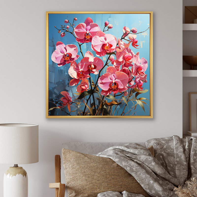 Orchidées roses néon sur toile, Cadre flottant doré, H 24 po x l 24 po x P 1 po