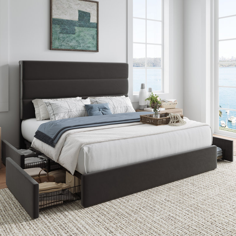 Structure de lit plateforme tapissier avec rangement, Grand lit, Noir