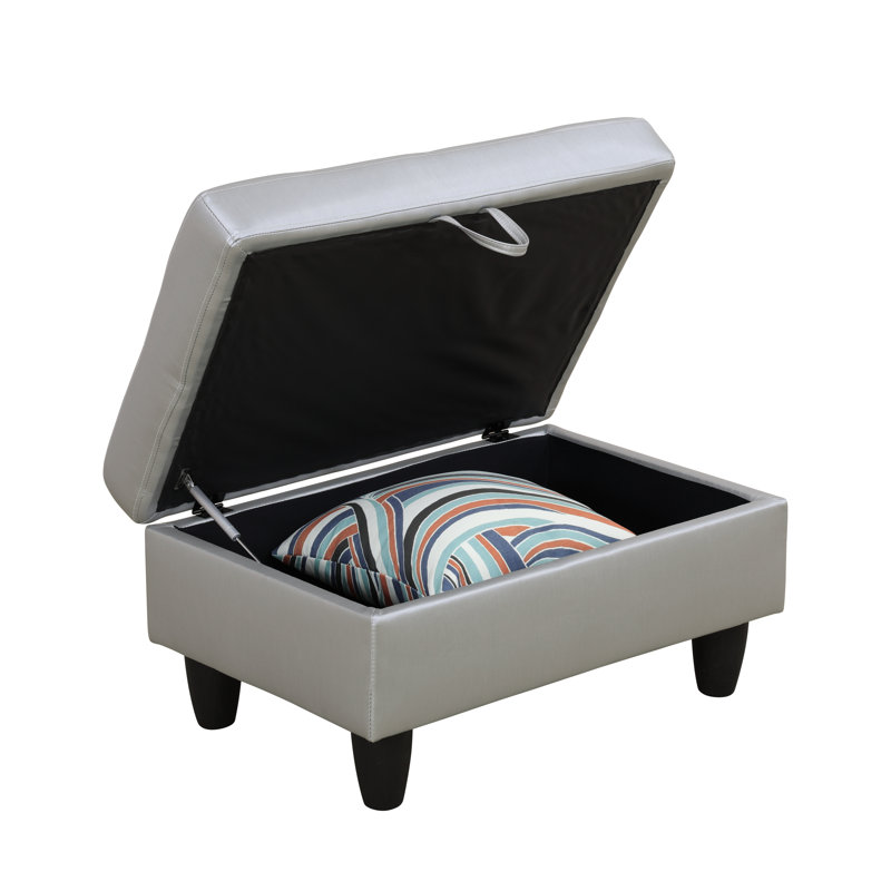 Faux Leather Ottoman, Black, Silver Faux Leather
