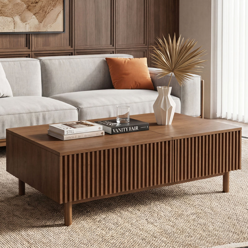 51.1" Mid-Century Modern Fluted Lift-Top Coffee Table with Hidden Storage & Side Drawers