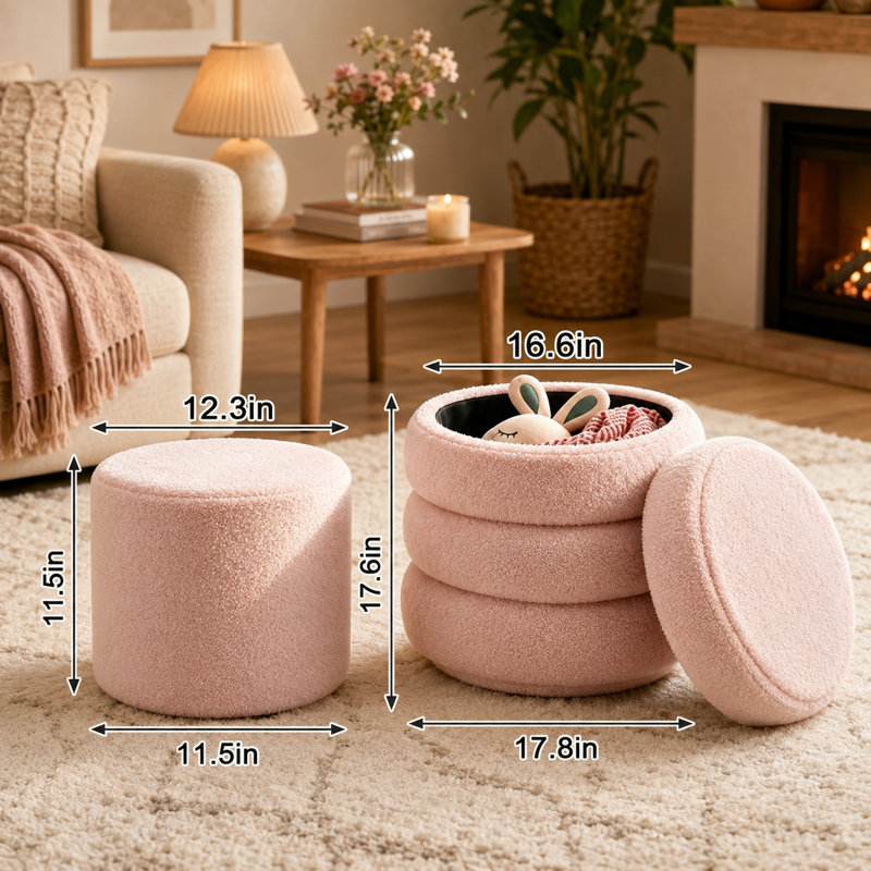 Ensemble de deux poufs de rangement ronds en peluche rose, avec couvercle amovible, convenant à de multiples usages, notamment la chambre à coucher, le salon et la coiffeuse.