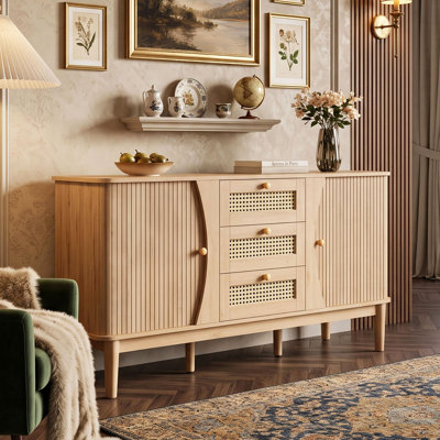 141cm W Large Sideboard & Storage Cupboard with 3 Rattan Drawers, Sliding Tambour Doors & Adjustable Shelves, Walnut Brown & Natural Oak