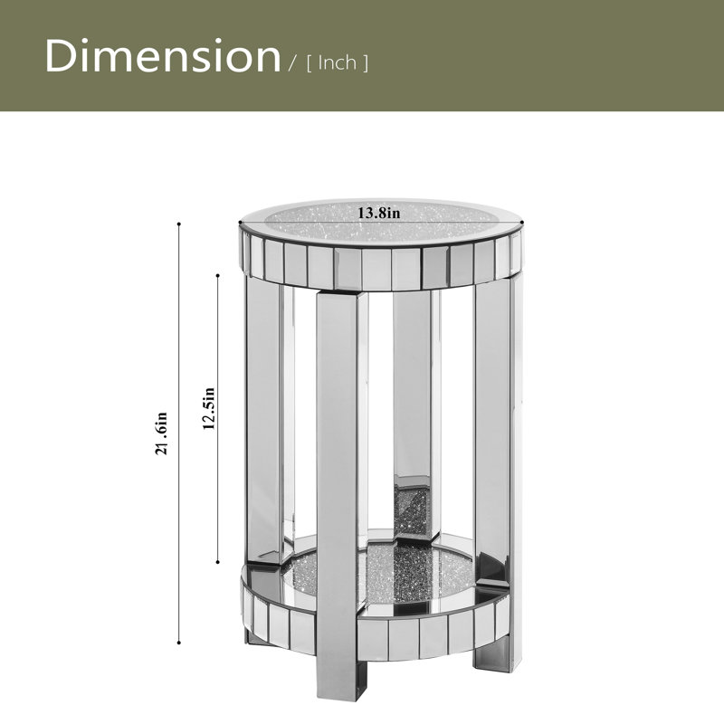 Table ronde à miroir avec incrustation de cristal, petit canapé moderne à 2 couches avec espace de rangement, table décorative argentée convenant au salon, à la chambre à coucher, au café et aux petits espaces