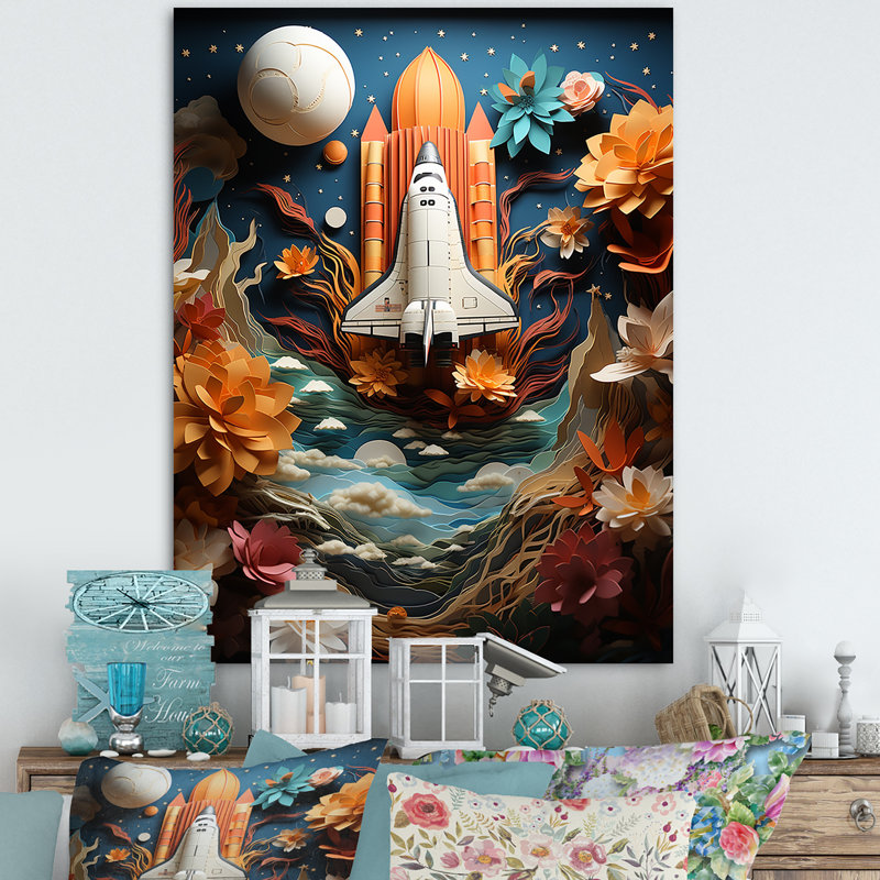 Navette spatiale Belson en orbite autour de la terre II - reproduction sur toile, H 44 po x l 34 po x P 1,5 po, Toile tendue