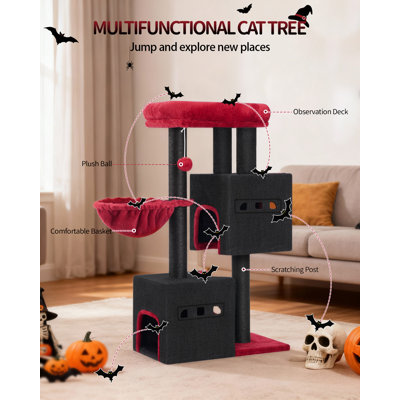 Cat Tree, 98 cm Tower, Sisal Scratching Post, Cats Tower for Indoor, Multi-Level Stable Cat Tree with Cats House, 2 Caves, Pompoms 