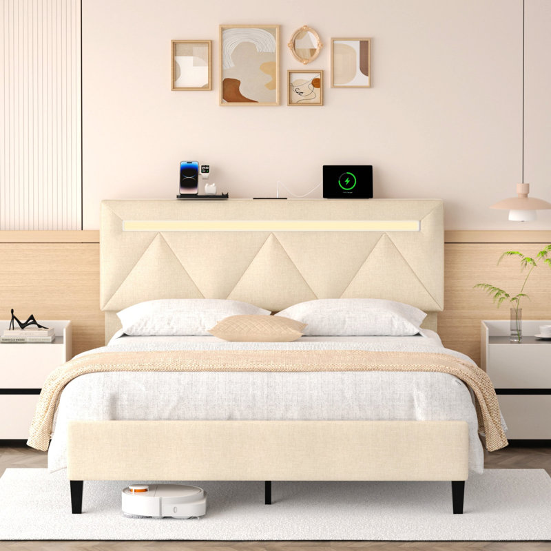 Cadre de lit avec tête de lit, cadre de lit plateforme tapissier avec station de charge et lumières DEL, Double