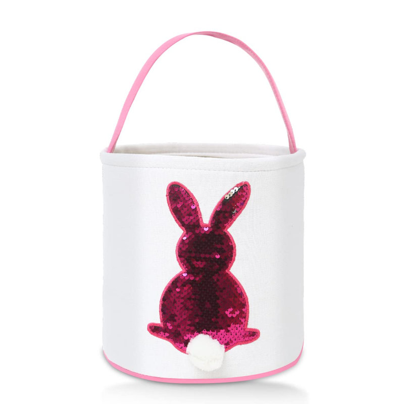 Sacs de panier de lapin de Pâques pour enfants, motif de paillettes, panier à œufs, sacs de chasse en toile, seau en coton avec queue moelleuse pour œufs de Pâques, bonbon, cadeau (rose)