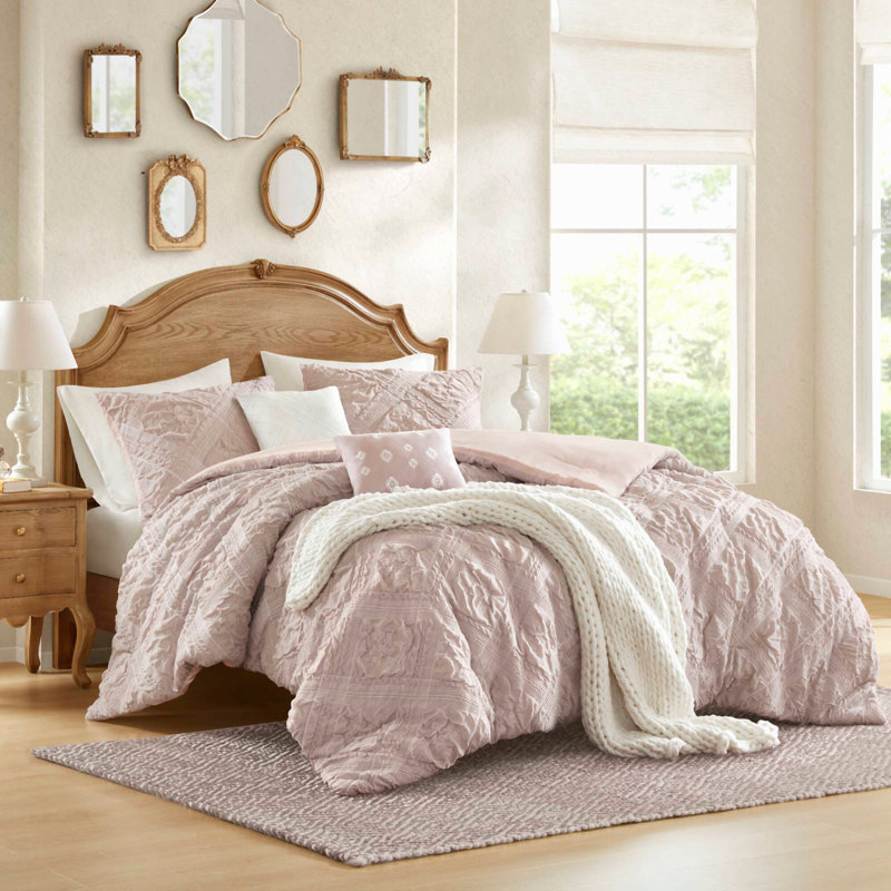 Ensemble de couette 5 pièces à imprimé floral jacquard, rose sculpté, 5 pièces, grand lit/queen