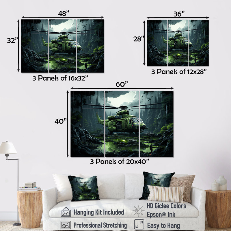 Hélicoptère militaire dans la jungle - ensemble d'art mural militaire, Toile tendue, H 40 po x l 60 po x P 1 po