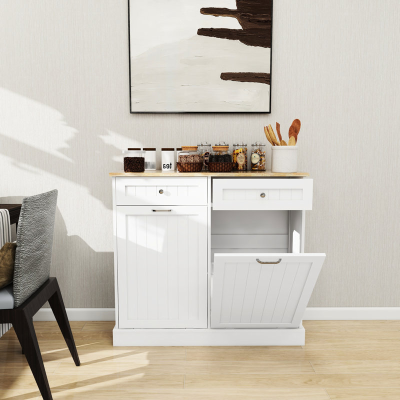 Kitchen Trash Cabinet - White , Two Drawers, Compartments, Exterior Finish Drawers Construction For Use