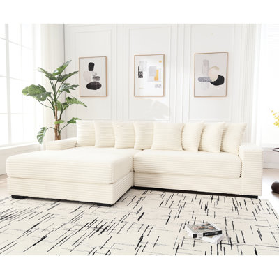 Velours côtelé en forme de L, deux surdimensionnés avec méridienne gauche, 8 coussins, agencement de couleurs beige, canapé à assemblage facile et zone de confort