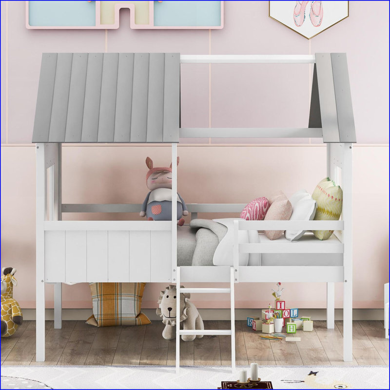 Lit mezzanine simple simple Pinewood avec fenêtres latérales, blanc et gris - Aucun sommier requis pour les petites chambres