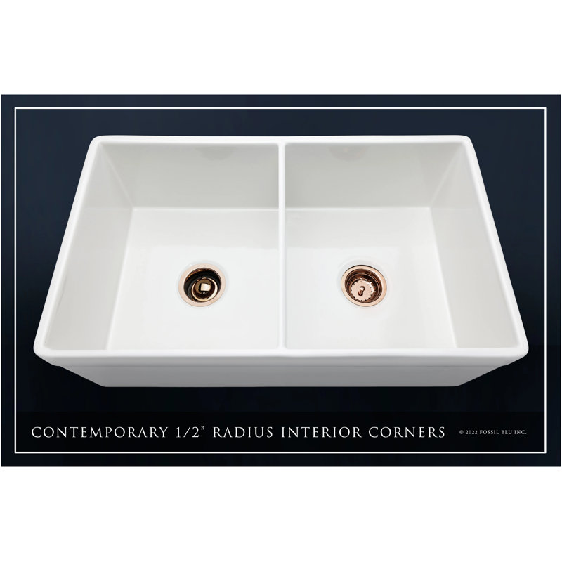 32.75" L x 19.88" W Double Basin Farmhouse Kitchen Sink with Accessories, Polished Rose Gold Accessories
