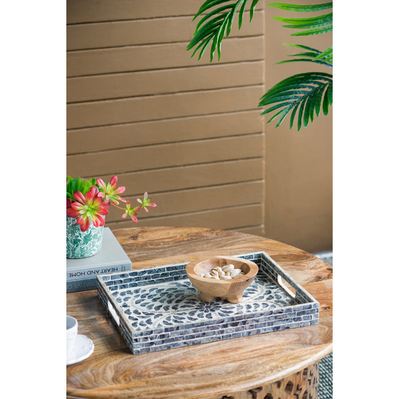 Green Capiz Rectangular Wood Tray with Handles