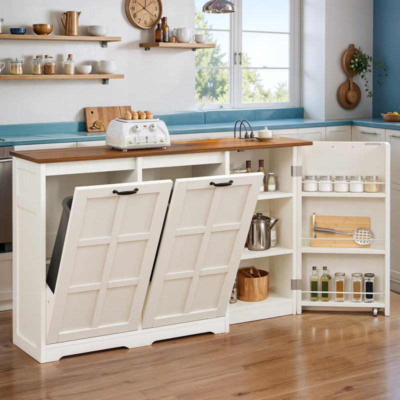 Modern Contemporary Kitchen Cabinet, Multifunction Kitchen Storage, Kitchen Island with 2 Tilt Out Trash Cabinet