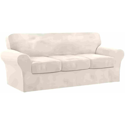 4 Piece Sofa Velvet Couch Covers For 3 Cushion Stretch Slipcover With Individual Seat Cushion Elastic Furniture Protector For Pets, Machine Washable (Sofa, Ivory)