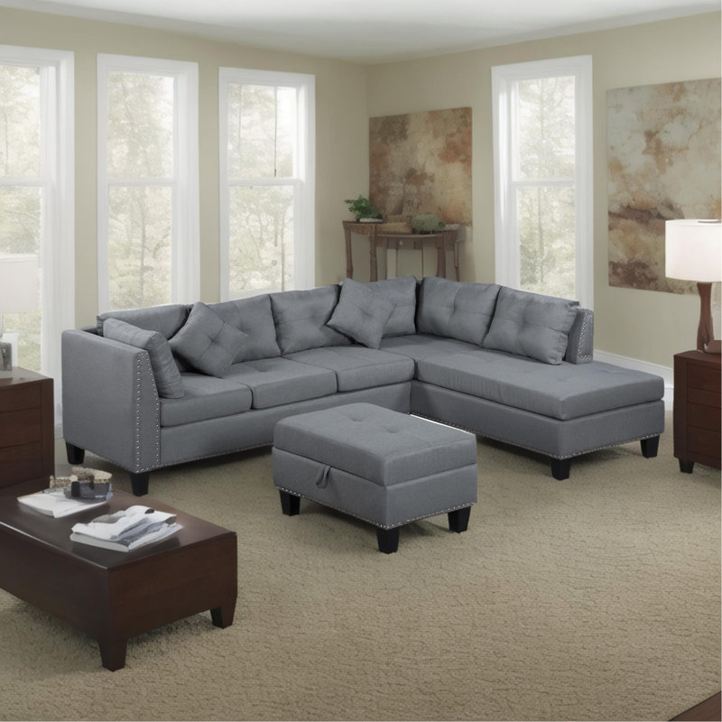 104.5" Upholstered Sofa,Chaise & Ottoman , Gray