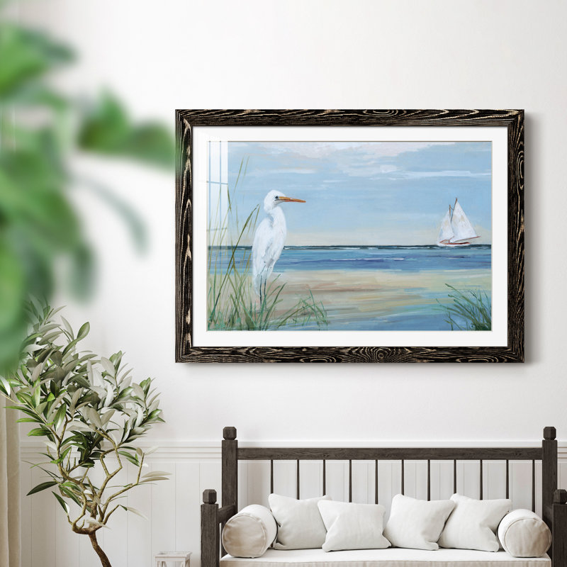 Summer Heron - peinture encadrée, Cadre noir, H 31 po x l 44 po x P 1 po
