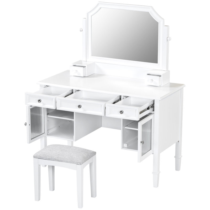 Station de maquillage de 44,4 po avec miroir pivotant de 28,4 po, 5 tiroirs différents, 2 armoires réglables, finition blanche, espace de rangement pour la coiffeuse