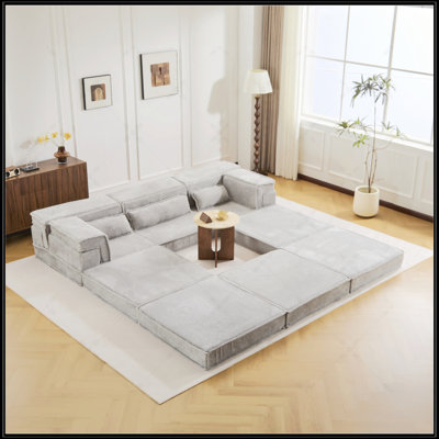 Convertible Modular Sectional Mahjong Sofa, No Assembly Required, Circle Fleece Fabric, Oversized 3 Seater With 3 Pillows, Ideal For Small Spaces And Comfort