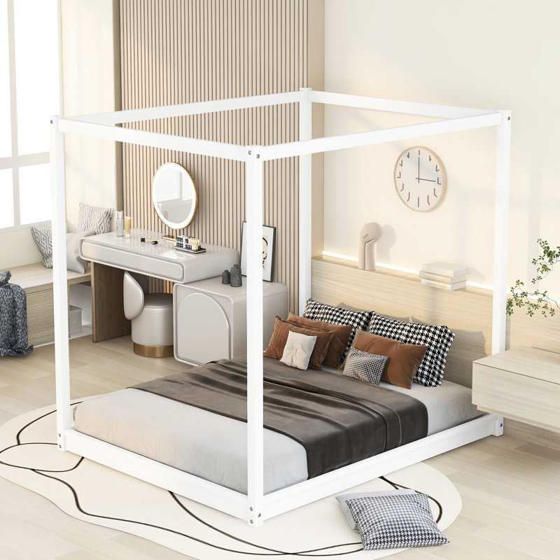 Lit plateforme à baldaquin blanc, grand lit, pieds de soutien - frais sous le lit, assemblage, lit simple à assembler avec un design épuré, support stable, garde le matelas frais