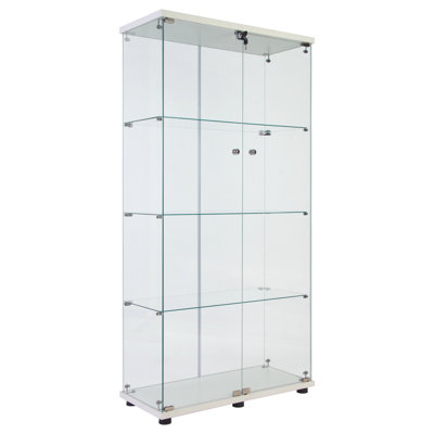 Grande vitrine en verre avec 4 tablettes et DEL, 12 options de couleurs, télécommande, 64,45 H X 32,16 L 14,7 W, verre trempé, lumières DEL en bois massif, couleurs, télécommande, bois, première
