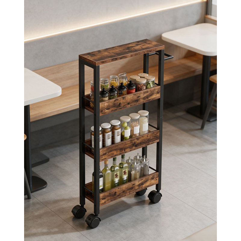 Chariot de rangement mince avec poignée et garde-corps, chariot de cuisine à quatre niveaux pour petits espaces, conception rustique
