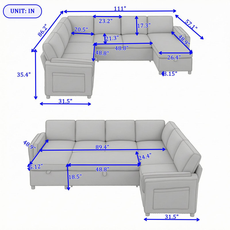 Canapé modulaire convertible 5 places avec méridienne réversible, rangement caché et ports USB, Blue